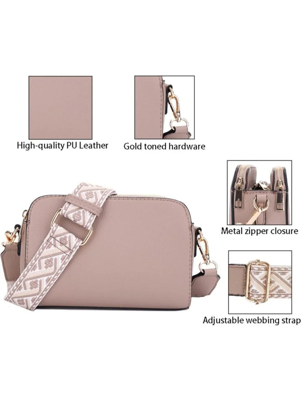 Women's Taupe Trendy Triple Zip Small Crossbody Bag Purse with Guitar Strap